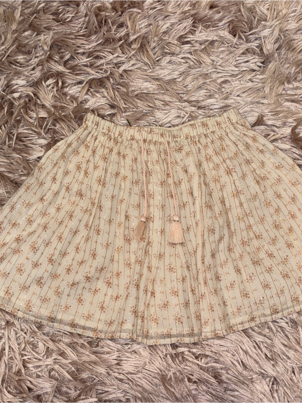Girls' Cream Floral Tassel Skirt - Lightweight Pleated Style